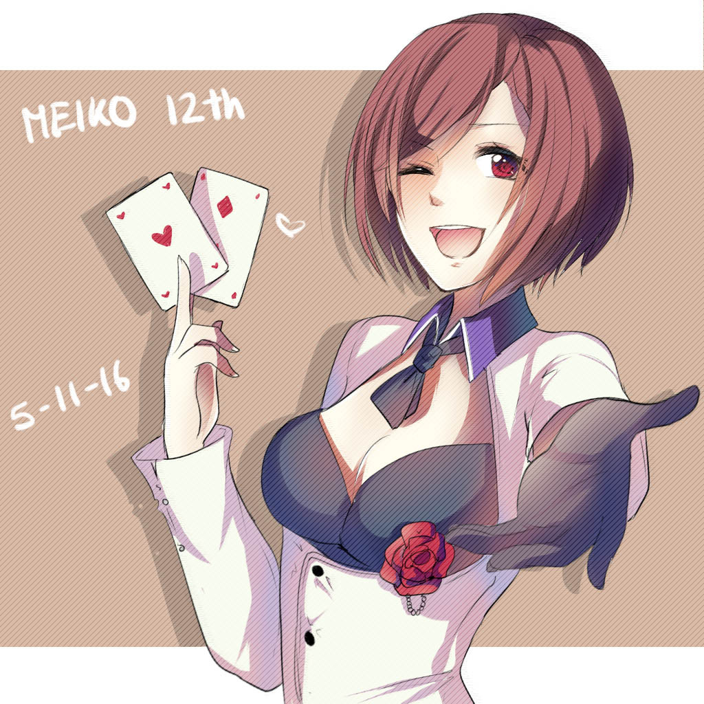 1girl ascot black_ascot black_gloves breasts brown_hair card cleavage cleavage_cutout clothing_cutout commentary dated english_commentary flower gloves heart holding holding_card medium_breasts meiko_(vocaloid) one_eye_closed open_mouth playing_card reaching reaching_towards_viewer red_eyes red_flower red_rose rose single_glove smile solo vocaloid yen-mi