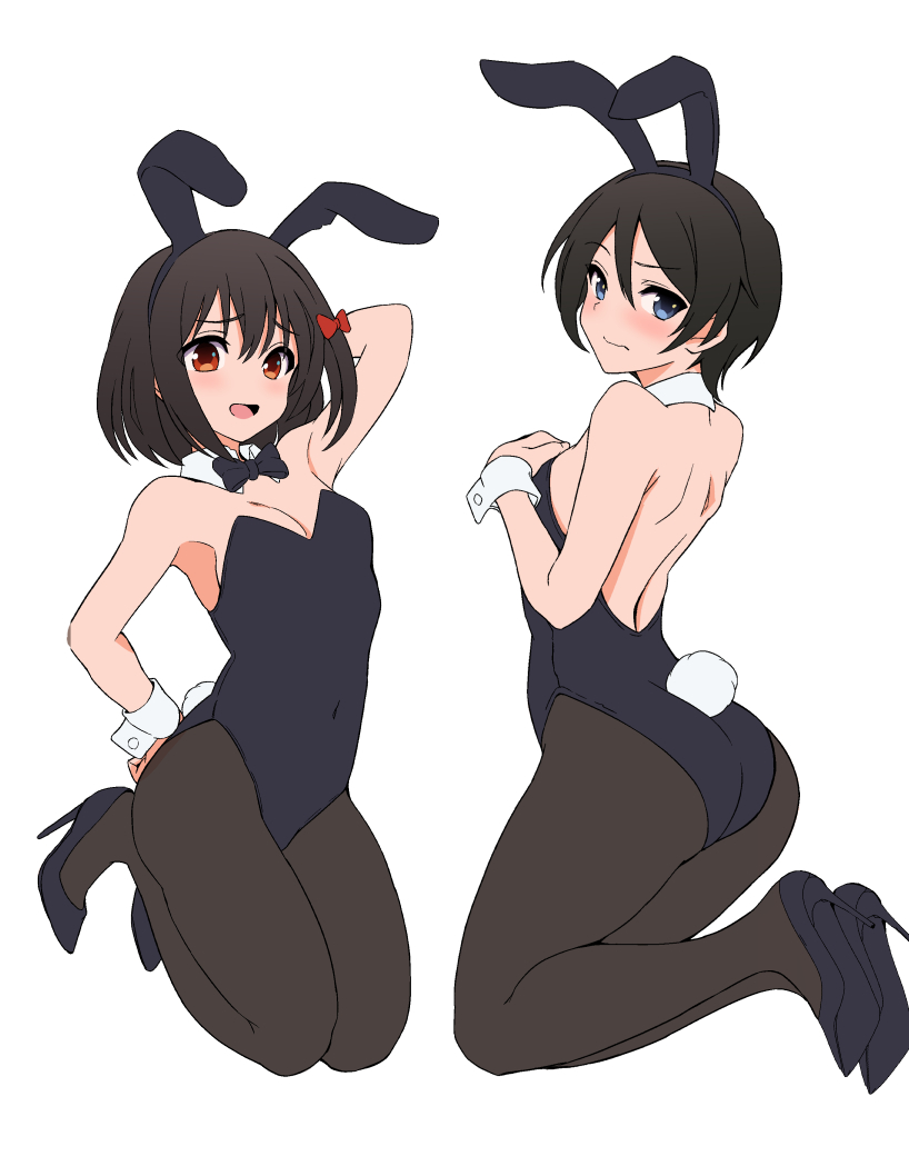 1girl 2girls animal_ears arm_behind_head arm_up back backless_leotard black_bow black_bowtie black_footwear black_hair black_leotard black_pantyhose blue_eyes blush bob_cut bow bowtie breasts closed_mouth collar covered_navel covering covering_breasts detached_collar fake_animal_ears fake_tail floating frown hand_on_own_hip hibike!_euphonium high_heels hisaishi_kanade legs_up leotard medium_breasts multiple_girls open_mouth pantyhose pc_fworks playboy_bunny rabbit_ears rabbit_tail red_eyes smile solo strapless strapless_leotard suzuki_mirei tail white_collar wrist_cuffs