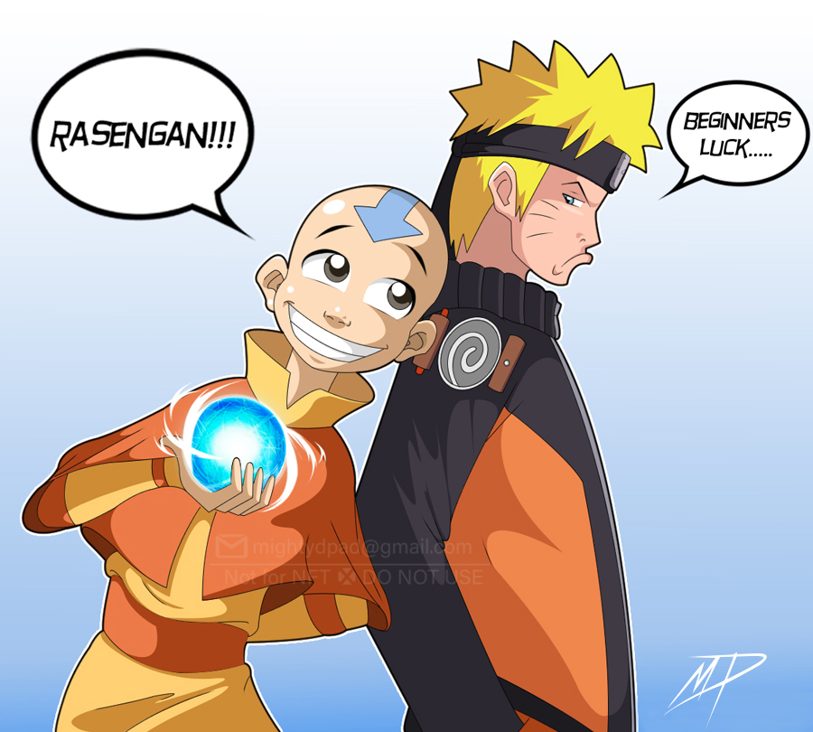 2boys aang avatar:_the_last_airbender avatar_legends bald blonde_hair closed_mouth english_text mightyd-pad multiple_boys naruto_(series) naruto_shippuuden rasengan short_hair signature smile speech_bubble tattoo teeth uzumaki_naruto whiskers