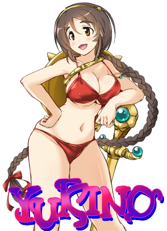 1girl akanishi_erika armlet athena_(series) bare_shoulders bikini bow braid breasts brown_hair character_name cleavage cosplay elbow_rest green_eyes hair_bow hair_ribbon hairband halterneck hand_on_own_hip hirowa_nagi idolmaster idolmaster_cinderella_girls idolmaster_cinderella_girls_starlight_stage large_breasts long_hair looking_at_another navel open_mouth parody princess_athena princess_athena_(cosplay) red_bikini red_ribbon ribbon shield simple_background smile solo standing string_bikini swimsuit sword twin_braids underboob very_long_hair weapon white_background yellow_hairband