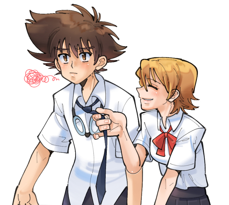 1boy 1girl black_skirt blush brown_eyes brown_hair closed_eyes digimon digimon_adventure_tri. gelato_ss1 goggles goggles_around_neck happy orange_hair red_ribbon ribbon school_uniform short_hair simple_background skirt takenouchi_sora yagami_taichi