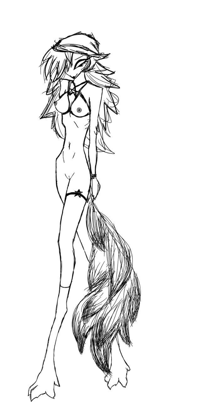 anthro avian bdsm beak bird bondage bound breasts emo feather_hair feathers female genitals helluva_boss hi_res monochrome nipples nude octavia_(helluva_boss) owl owl_demon pseudo_hair pussy shy slutty_clothing small_breasts solo tail_feathers tall unknown_artist