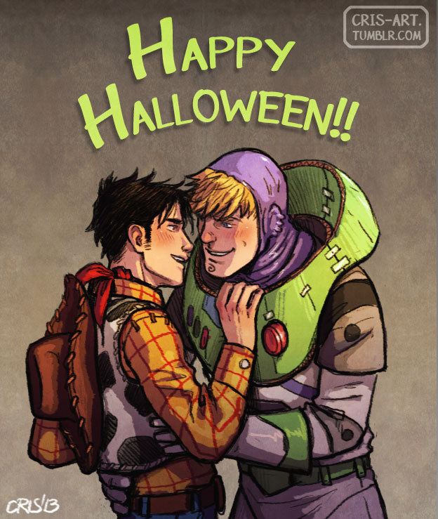 2boys animal_print astronaut bad_id bad_tumblr_id bara black_hair blonde_hair blue_eyes blush buzz_lightyear buzz_lightyear_(cosplay) cosplay couple cow_print cowboy cowboy_hat cris_art eye_contact from_side halloween_costume happy_halloween hat hat_on_back hulkling long_sideburns looking_at_another male_focus marvel multiple_boys sheriff_woody sheriff_woody_(cosplay) short_hair sideburns sideburns_stubble spacesuit thick_eyebrows toy_story upper_body wiccan yaoi