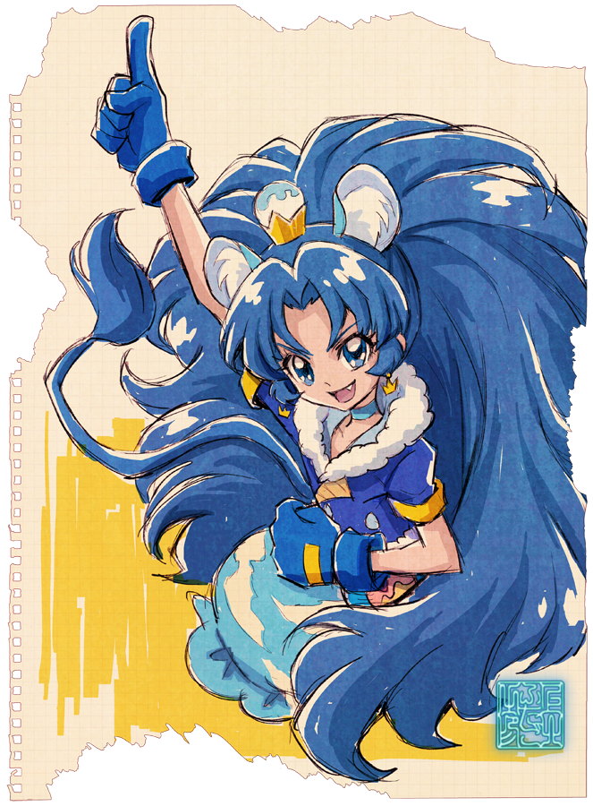 1girl animal_ears blue_choker blue_eyes blue_gloves blue_hair blue_jacket choker commentary_request cure_gelato earrings english_commentary eyelashes fur-trimmed_jacket fur_trim gloves hair_ornament happy jacket jewelry kamikita_futago kirakira_precure_a_la_mode long_hair looking_at_viewer magical_girl partial_commentary ponytail precure smile solo standing tail tategami_aoi