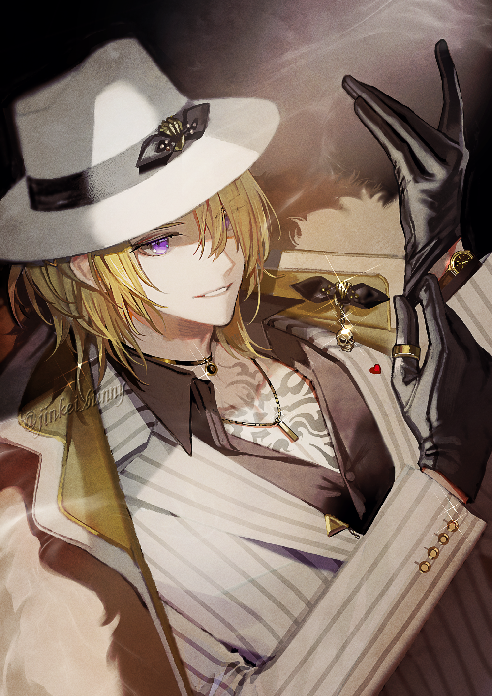 1boy black_choker black_gloves black_shirt blonde_hair bow buttoned_cuffs choker collared_shirt dutch_angle fedora formal fur-trimmed_jacket fur_trim glint glove_pull gloves grin hair_over_one_eye hat hat_bow highres jacket jacket_on_shoulders jewelry koshika_rina lapels layered_clothes leather leather_gloves long_bangs looking_at_viewer luca_kaneshiro male_focus medium_hair nijisanji nijisanji_en open_clothes open_collar open_jacket open_mouth pendant pendant_choker purple_eyes ring shirt sidelocks smile solo striped_suit suit teeth white_headwear white_suit