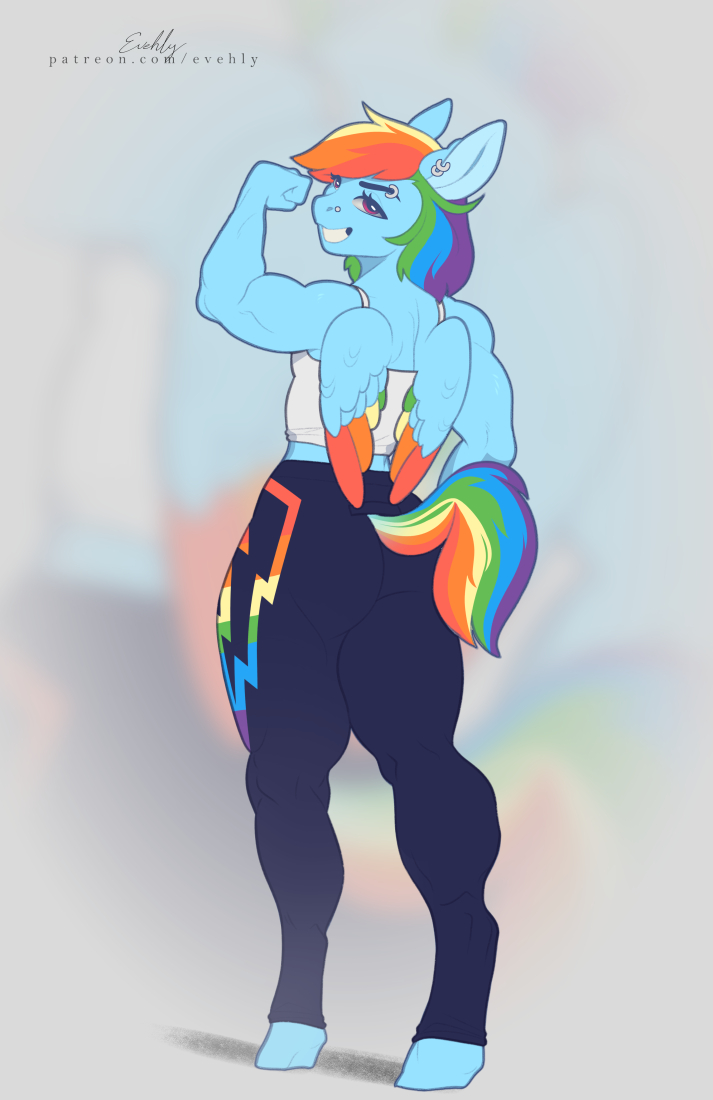 anthro anthrofied athletic athletic_anthro athletic_female blue_body butt clothed clothing ear_piercing ear_ring equid equine evehly eyebrow_piercing eyebrow_ring facial_piercing female fingers friendship_is_magic full-length_portrait hair hasbro hooves leggings legwear looking_at_viewer looking_back mammal midriff multicolored_hair multicolored_tail my_little_pony nose_piercing pegasus piercing portrait purple_eyes rainbow_dash_(mlp) rainbow_hair rainbow_tail ring_piercing signature solo standing tail text thick_thighs tight_clothing toothy_grin topwear url wings