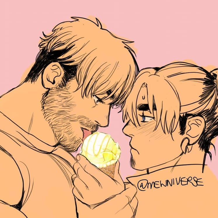 2boys bara beard blush couple eye_contact facial_hair from_side goatee_stubble hair_between_eyes half-closed_eyes holding_another's_arm ice_cream_cone large_pectorals licking looking_at_another luke_(mewniverse) magnum_opus_(mewniverse) male_focus mature_male mewniverse multiple_boys multiple_monochrome muscular muscular_male mustache pectorals pink_background sam_(mewniverse) sexually_suggestive short_hair sideburns spot_color thick_eyebrows undercut upper_body yaoi