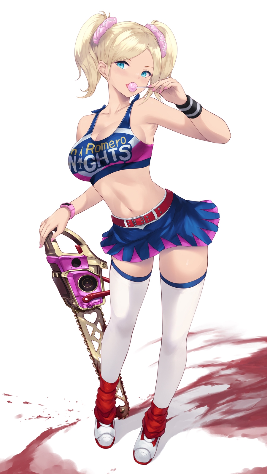 1girl animification belt blonde_hair blood cait_aron candy chainsaw food full_body hair_ornament hair_scrunchie highres holding holding_candy holding_chainsaw holding_food holding_lollipop juliet_starling lollipop lollipop_chainsaw looking_at_viewer pink_scrunchie red_belt red_socks scrunchie shoes short_hair socks solo standing thighhighs twintails white_background white_footwear white_thighhighs zettai_ryouiki