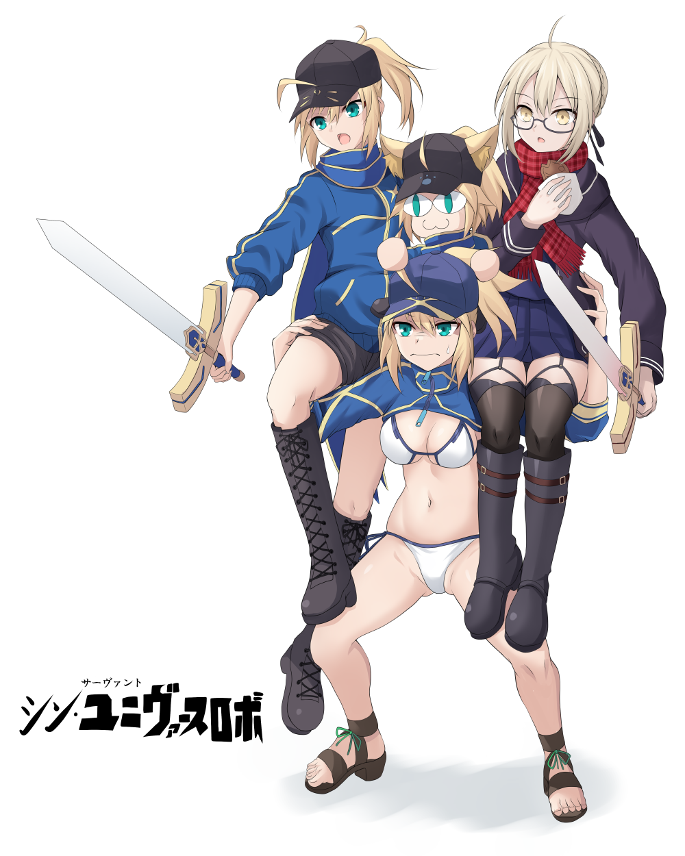 4girls ahoge artoria_pendragon_(fate) bikini black_footwear black_headwear blonde_hair blue_jacket blue_skirt breasts brown_thighhighs carrying cleavage cross_(crossryou) fate/grand_order fate_(series) fireman's_carry food frown full_body glasses hair_through_headwear high_heels highres holding holding_food holding_sword holding_weapon jacket large_breasts long_sleeves multiple_girls mysterious_heroine_x_(fate) mysterious_heroine_x_alter_(fate) mysterious_heroine_xx_(fate) mysterious_neko_x navel plaid plaid_scarf pleated_skirt red_scarf sandals scarf short_hair shorts shoulder_carry sitting skirt standing stomach sweatdrop swimsuit sword thighhighs translation_request weapon white_bikini