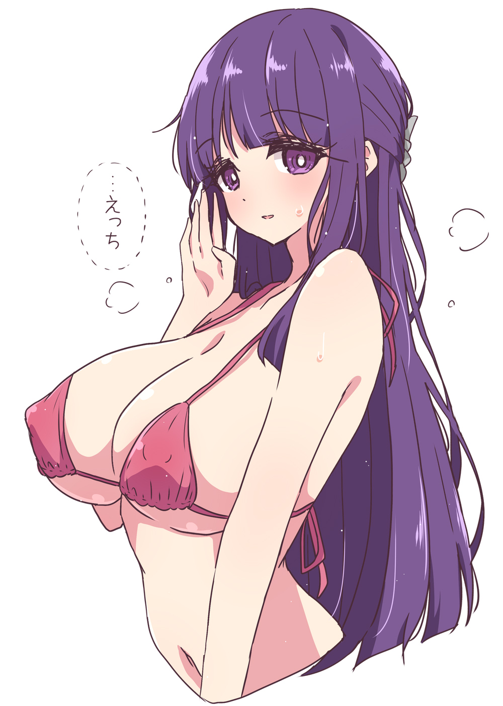 1girl bikini breasts commentary cut_bangs fern_(sousou_no_frieren) highres large_breasts light_smile long_hair looking_at_viewer mel_(melty_pot) purple_eyes purple_hair red_bikini simple_background solo sousou_no_frieren sweat swimsuit translation_request upper_body white_background