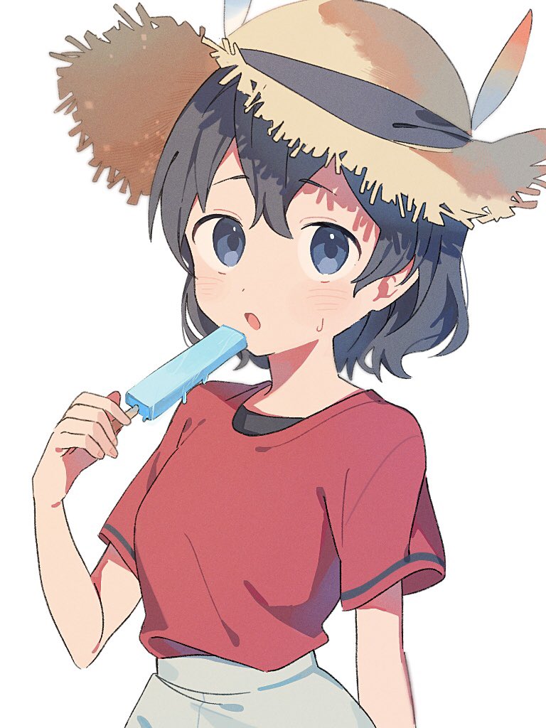 1girl alternate_headwear black_hair black_undershirt blue_eyes blush cowboy_shot food grey_shorts hat kaban_(kemono_friends) kemono_friends looking_at_viewer mimu_umui popsicle red_shirt shirt short_hair short_sleeves shorts solo straw_hat sweatdrop t-shirt