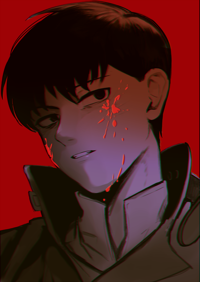 1boy akira black_eyes black_hair blood blood_on_face chichi840426 greyscale_with_colored_background highres jacket kaneda_shoutarou_(akira) looking_at_viewer male_focus parted_lips popped_collar portrait red_background red_theme sanpaku short_hair solo spot_color
