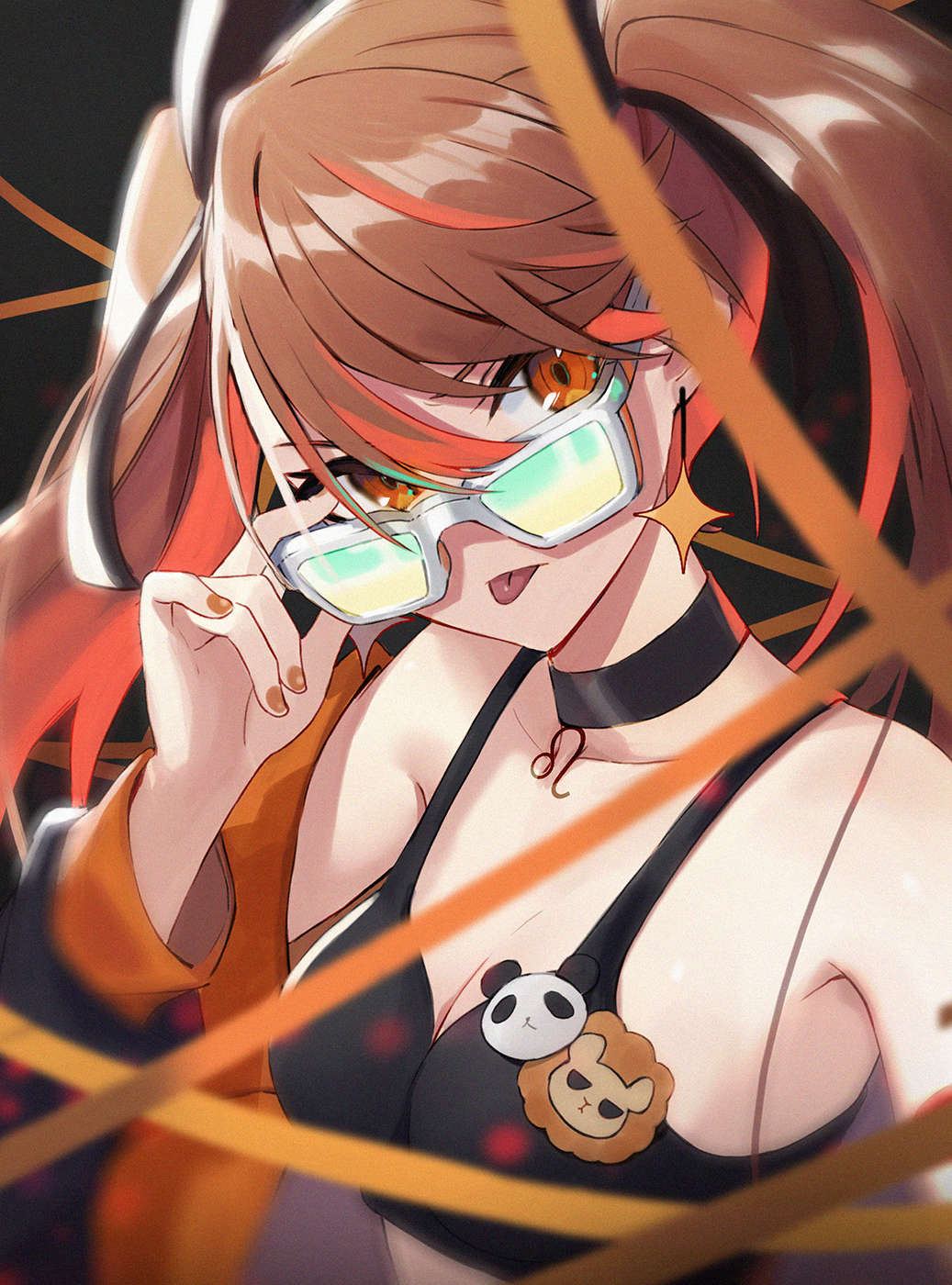 1girl adjusting_eyewear bare_shoulders black_bra bra breasts brown_hair choker cleavage closed_mouth collarbone hair_between_eyes hand_up highres jacket long_hair looking_at_viewer orange_eyes orange_nails ranyu re:act shishigami_leona small_breasts solo sunglasses tongue tongue_out twintails underwear upper_body virtual_youtuber