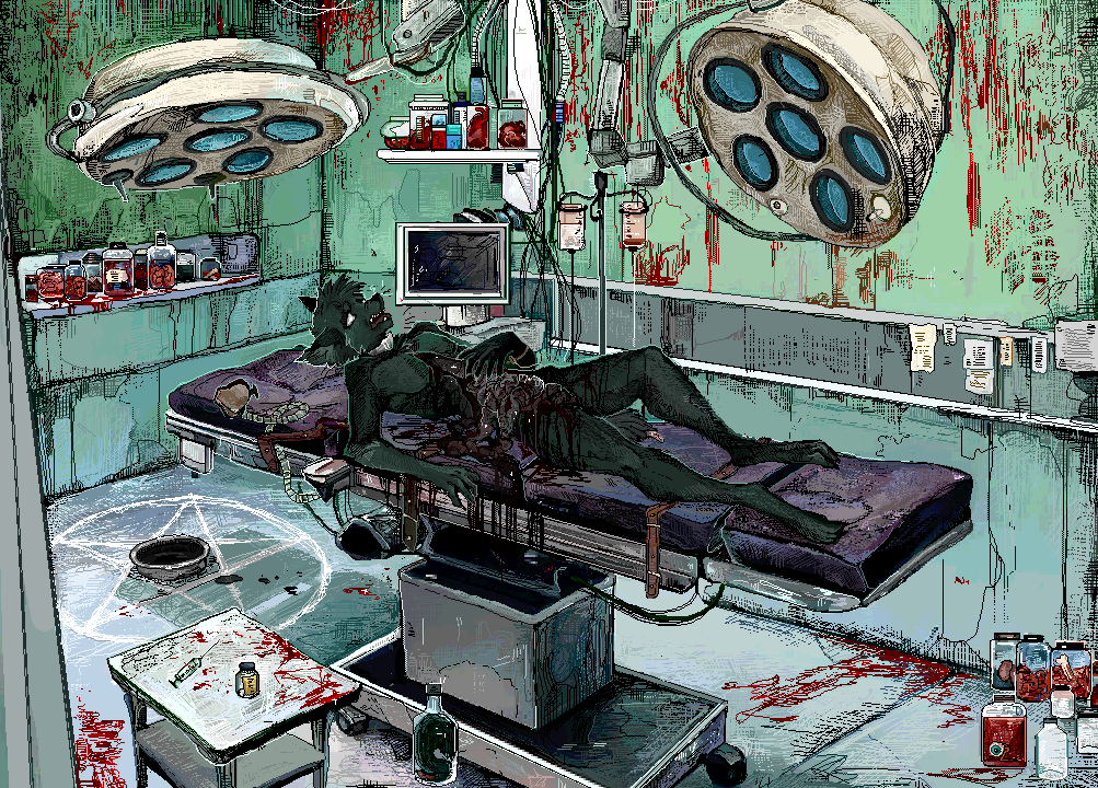 anesthesia blood bodies bodily_fluids detailed_background digital_media_(artwork) gore guts intestines jeffusherb male male/male operating_table organs pentagram pixel_(artwork) solo surgical_operation