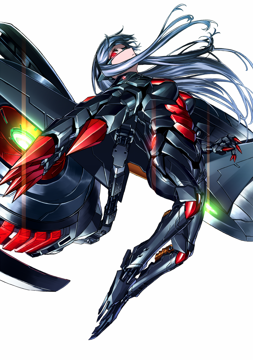 1girl asymmetrical_arms blew_andwhite floating_hair flying frown gakuen_taisen_valkyries glowing glowing_eye grey_hair highres jetpack loki_(fire_emblem) long_hair looking_up open_hand power_armor sabra_greengold science_fiction simple_background solo very_long_hair white_background