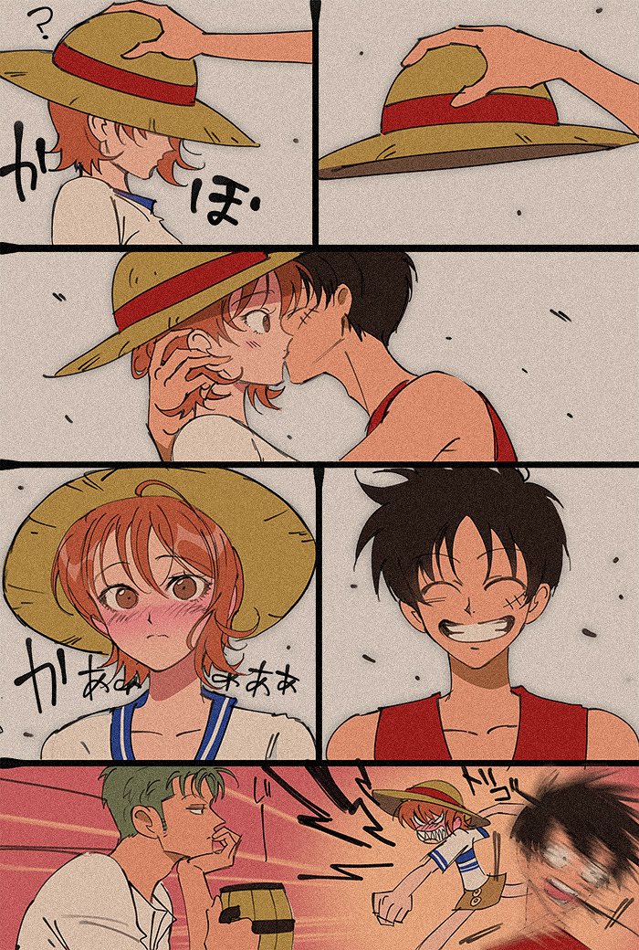 1girl 2boys ? angry bare_shoulders beer_mug black_hair blush clenched_hand closed_mouth collarbone commentary_request cup embarrassed from_side green_hair grin hair_between_eyes hand_on_another's_head hat holding holding_clothes holding_cup holding_hat kiss looking_at_another monkey_d._luffy mug multiple_boys nami_(one_piece) one_piece orange_eyes orange_hair profile punching red_vest roronoa_zoro runa_(nori31291404) scar scar_on_cheek scar_on_face sharp_teeth shirt short_hair short_sleeves skirt smile straw_hat straw_hat_pirates surprise_kiss surprised teeth upper_body vest white_shirt yellow_skirt