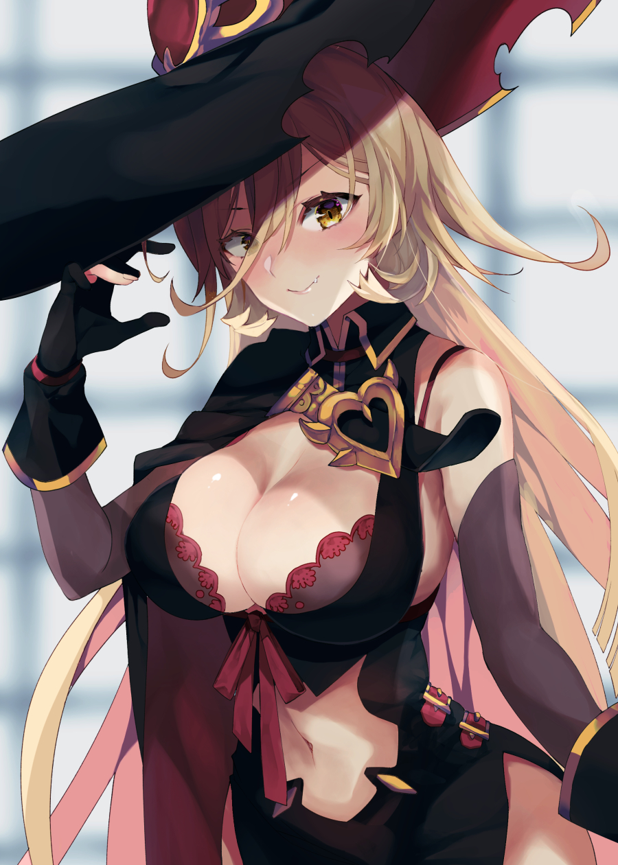 1girl ariko_youichi black_dress black_gloves blonde_hair bra bra_peek bra_strap breasts cape cleavage closed_mouth clothing_cutout collared_dress commentary detached_sleeves dress fang gloves hair_between_eyes hand_up hat highres large_breasts long_hair looking_at_viewer navel navel_cutout nijisanji nui_sociere nui_sociere_(1st_costume) partially_fingerless_gloves sleeveless sleeveless_dress smile solo torn_clothes torn_hat underwear very_long_hair virtual_youtuber witch witch_hat yellow_eyes