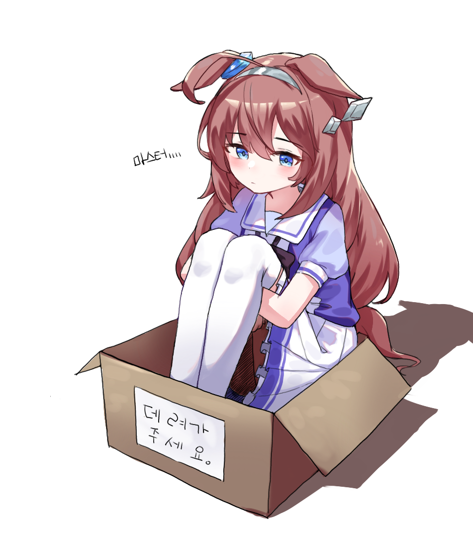 1girl ahoge animal_ears blue_eyes blush box brown_hair cardboard_box dated_commentary ear_ornament ears_down full_body hair_between_eyes hair_ornament hairclip headband horse_ears horse_tail in_box in_container jambujok knees_up korean_text long_hair mihono_bourbon_(umamusume) petticoat pleated_skirt sad school_uniform simple_background sitting skirt solo tail thighhighs tracen_school_uniform translation_request umamusume white_background white_skirt