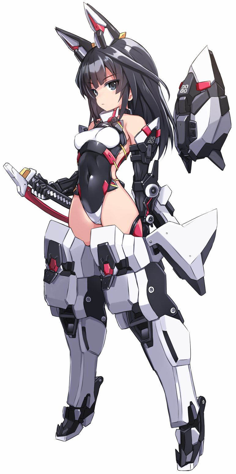 1girl agatsuma_kaede alice_gear_aegis armored_boots black_gloves black_hair black_leotard boots breasts closed_mouth commentary_request covered_navel full_body gloves grey_eyes headgear highres holding holding_sword holding_weapon karukan_(monjya) leotard long_hair looking_at_viewer mecha_musume medium_breasts simple_background solo standing sword thigh_boots weapon white_background white_footwear