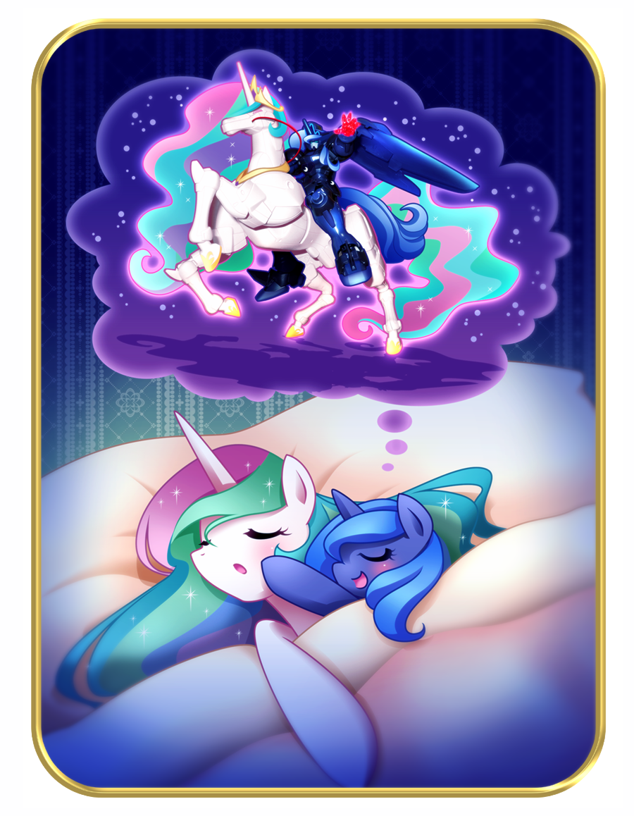 2014 bed blue_body blue_mane blush chinpui digital_drawing_(artwork) digital_media_(artwork) duo equid equine eyes_closed female feral friendship_is_magic furniture hand_on_head hasbro horn mammal mane my_little_pony open_mouth princess_celestia_(mlp) princess_luna_(mlp) sleeping under_covers white_body winged_unicorn wings