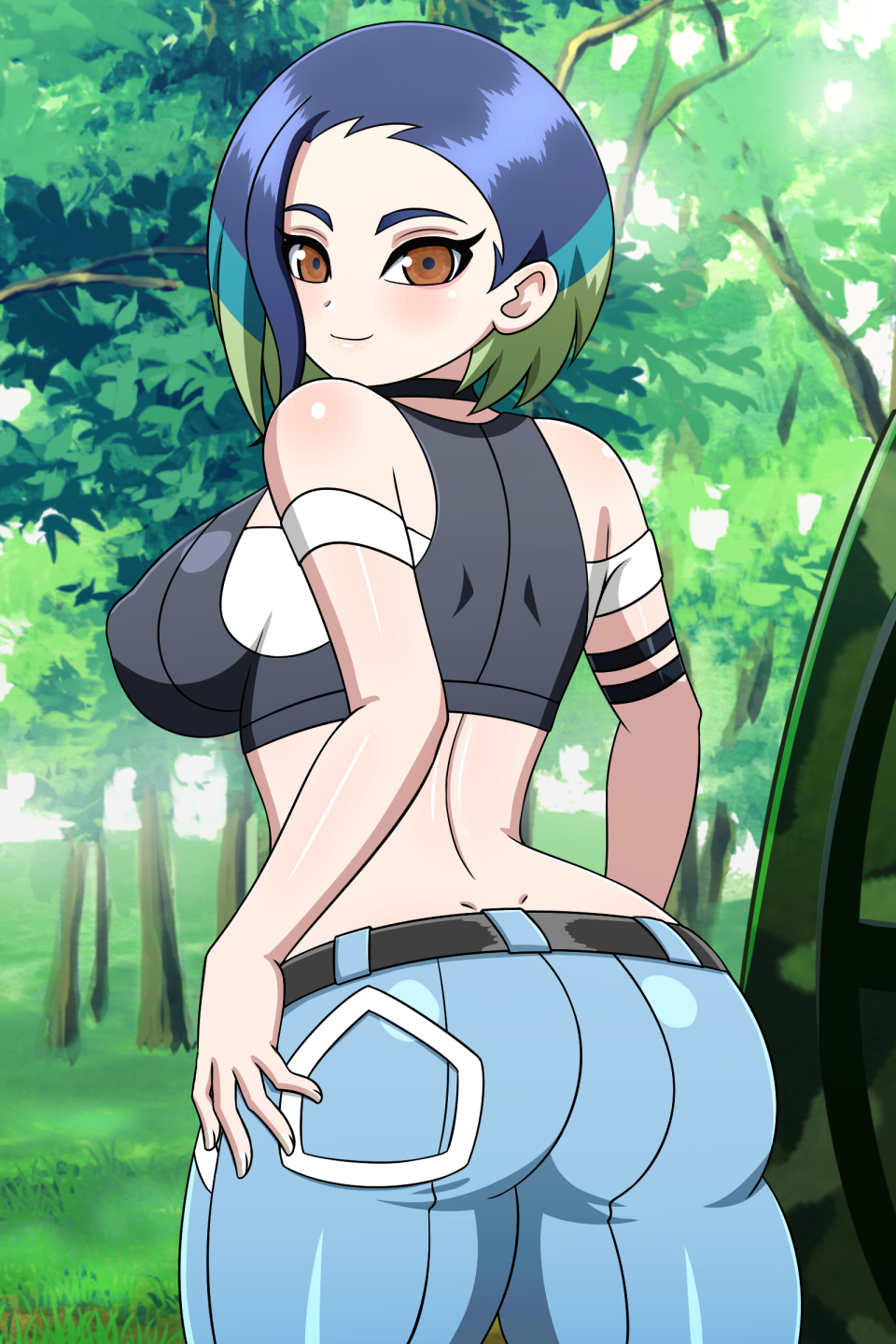 1girl ass bare_shoulders black_choker black_shirt blue_hair bob_cut breasts brown_eyes choker crop_top denim grey_shirt hand_on_own_hip highres large_breasts loose_hair_strand midriff multicolored_hair perrin_(pokemon) pokemon pokemon_(game) pokemon_sv ribbed_shirt shirt sleeveless sleeveless_shirt solo two-tone_hair undershirt yensh