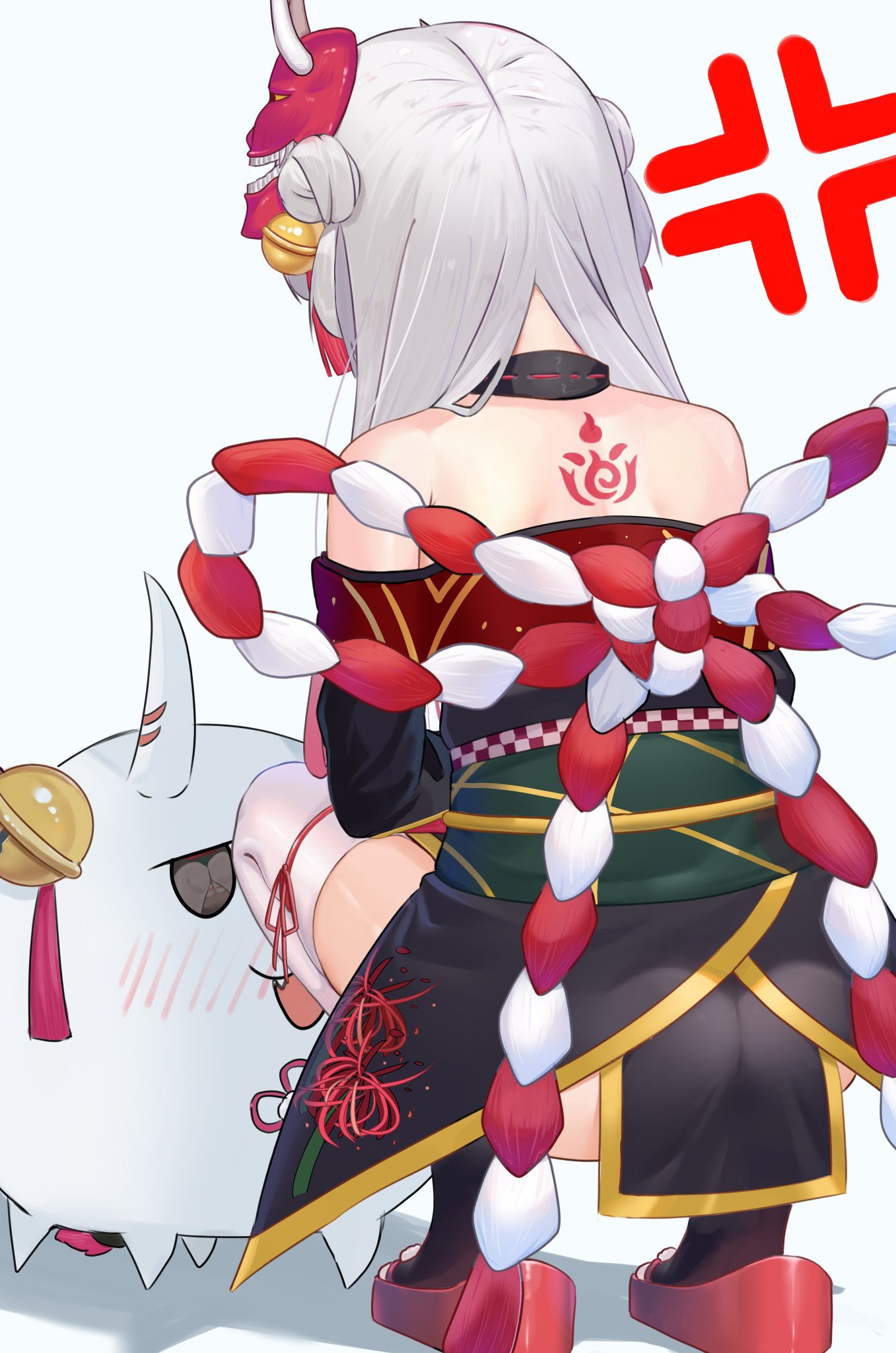 anger_vein back_bow back_tattoo bare_shoulders bell black_kimono bow commentary double_bun eye_reflection facing_away from_behind gold_trim grey_hair hair_bell hair_bun hair_ornament highres hololive horns implied_pantyshot impossible_clothes impossible_skirt japanese_clothes jingle_bell kimono kouhaku_nawa long_hair long_sleeves looking_at_creature mask mask_on_head nakiri_ayame nakiri_ayame_(1st_costume) off_shoulder okobo oni_horns oni_mask parted_hair poyoyo_(nakiri_ayame) red_footwear reflection rope shimenawa short_kimono skin-covered_horns skirt squatting symbol-only_commentary tabi tassel tassel_hair_ornament tattoo taut_clothes taut_skirt thighhighs two_side_up virtual_youtuber white_thighhighs yoruta_(yossy_puyo_holo)