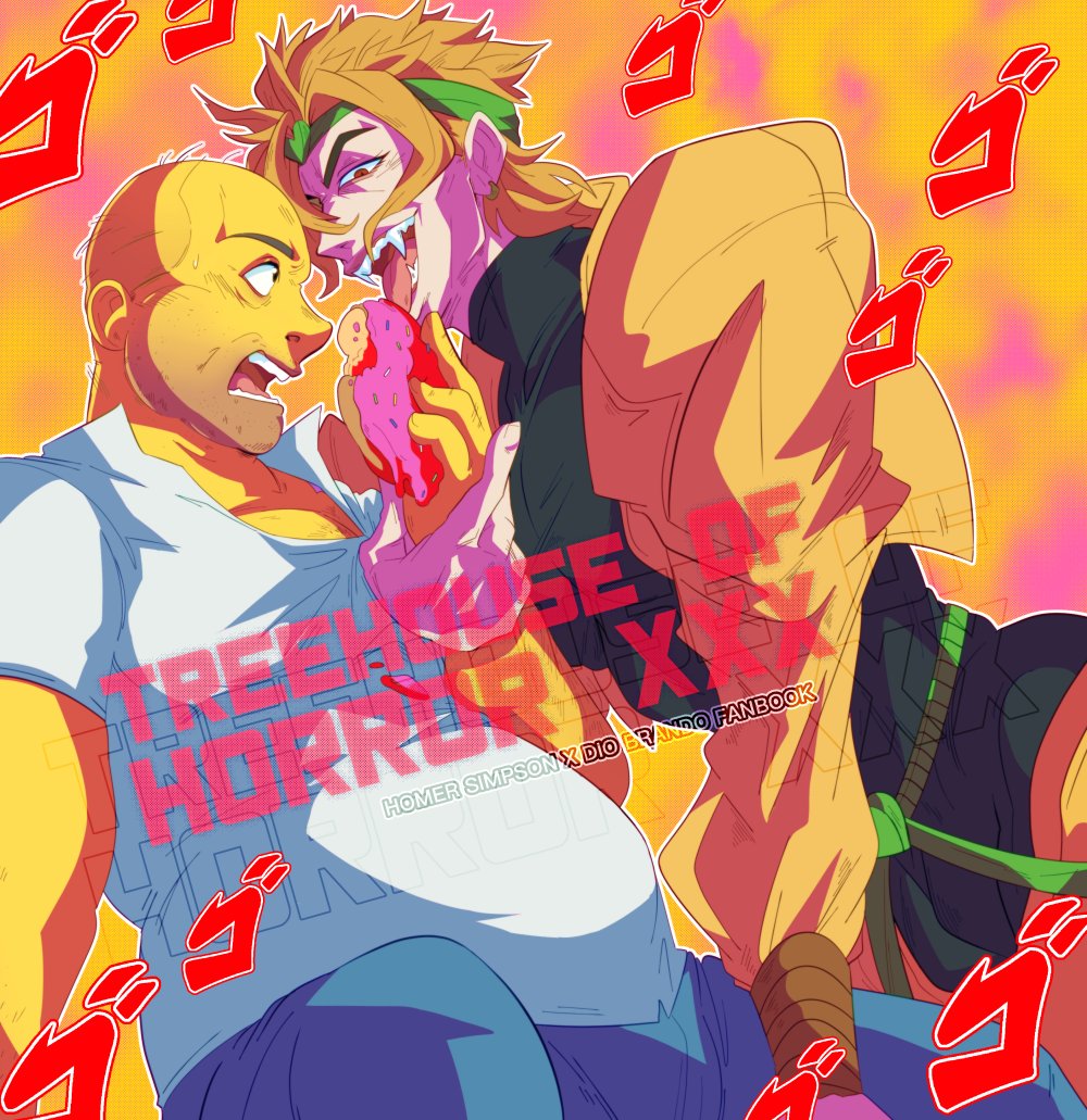 2boys animification bald blonde_hair blue_pants bracelet colored_skin crossover denim dio_brando doughnut english_commentary facial_hair fangs fat fat_man food headband holding holding_food homer_simpson jacket jeans jewelry jojo_no_kimyou_na_bouken karina_farek licking long_sleeves looking_at_another male_focus medium_hair multiple_boys naughty_face open_mouth pants parody red_eyes shirt short_sleeves sitting stardust_crusaders teeth the_simpsons tongue tongue_out white_shirt yaoi yellow_jacket yellow_pants yellow_skin