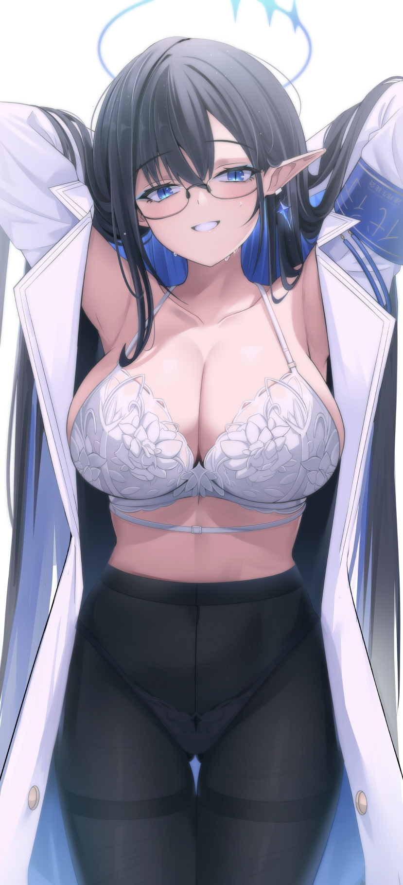1girl bikini black_hair black_pantyhose blue_archive blue_eyes blue_halo blush breasts cleavage coat collarbone colored_inner_hair giga-tera glasses grin hair_between_eyes halo highres large_breasts long_hair long_sleeves looking_at_viewer multicolored_hair open_clothes open_coat pantyhose pointy_ears rin_(blue_archive) simple_background smile solo swimsuit very_long_hair white_background white_bikini white_coat