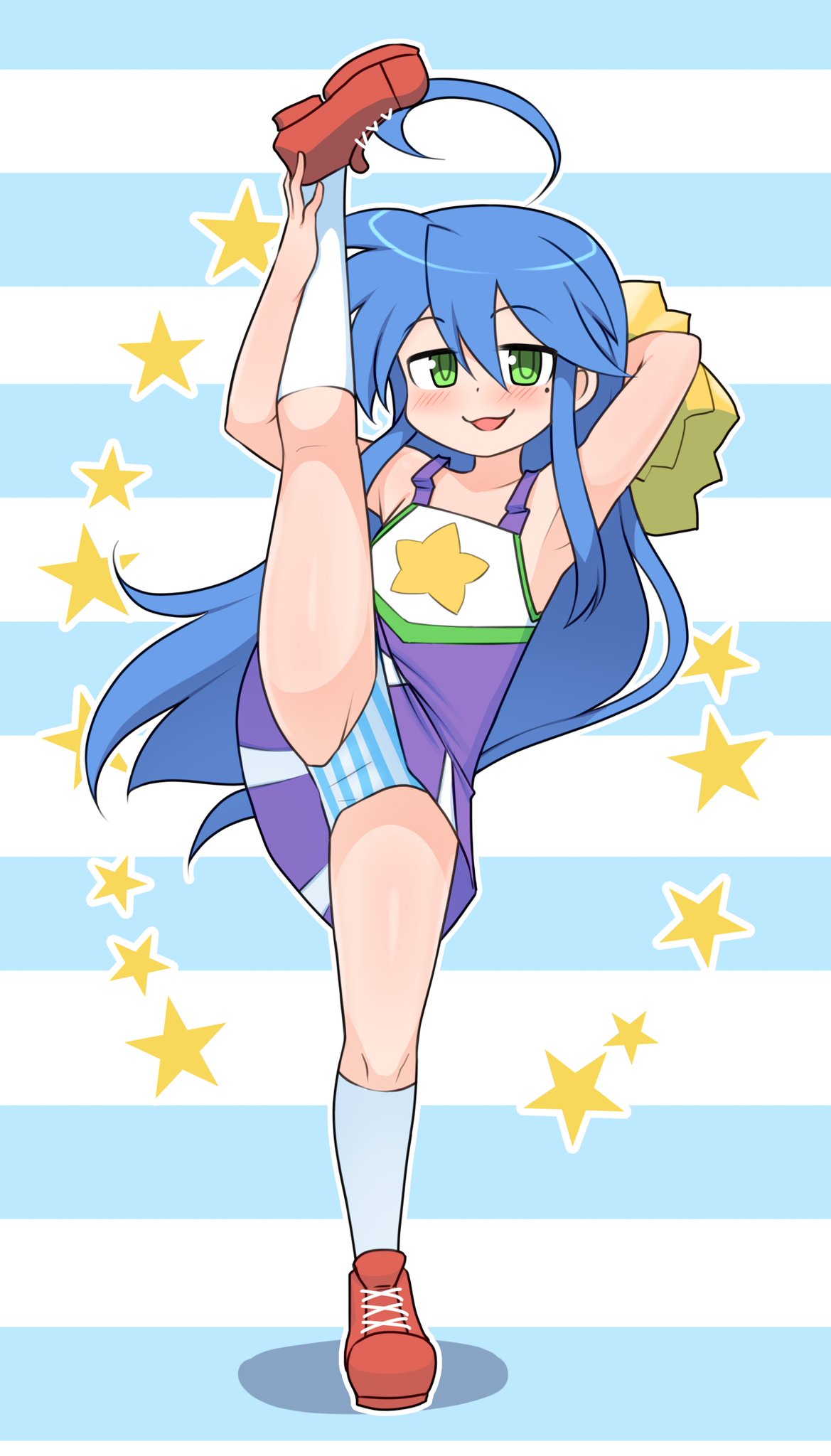 1girl :3 :d ahoge armpits blue_background blue_hair blue_panties blush cameltoe cheerleader commission highres holding holding_own_leg holding_pom_poms izumi_konata kaz_(shade) long_hair looking_at_viewer lucky_star mole mole_under_eye outline panties pom_pom_(cheerleading) red_footwear second-party_source simple_background smile solo split standing standing_on_one_leg standing_split star_(symbol) striped striped_background striped_panties underwear white_background white_outline white_panties