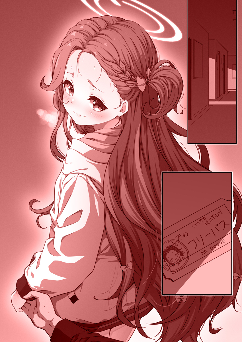 1girl 1other blue_archive blush bow closed_mouth commentary_request cowboy_shot hair_bow halo highres hood hooded_jacket jacket kouji_(campus_life) long_hair monochrome revision smile solo_focus translation_request two-sided_fabric two-sided_jacket yuzu_(blue_archive)