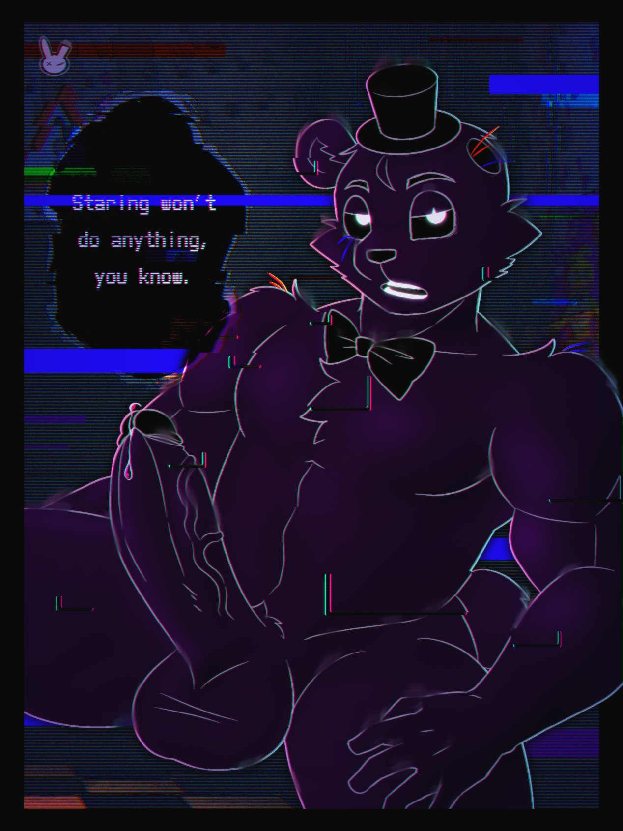 animatronic anthro balls bear big_penis black_eyes bodily_fluids bow_tie chest_tuft clothing dialogue digital_drawing_(artwork) digital_media_(artwork) five_nights_at_freddy's five_nights_at_freddy's_2 genital_fluids genitals glitch hand_on_leg hand_on_thigh hat headgear headwear hi_res hornbunxx leaking_precum looking_at_viewer machine male mammal missing_ear musclegut muscular muscular_male nude open_mouth penis precum pubes pupils purple_body robot scottgames shadow shadow_freddy_(fnaf) sitting solo speech_bubble teeth text top_hat tuft vein veiny_penis watermark white_pupils wire