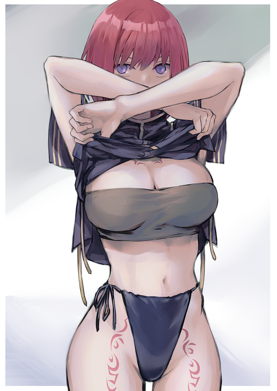 1girl arms_up bandeau breasts crop_top grel_(r6hgvu5) looking_at_viewer navel nel_zelpher panties purple_eyes red_hair short_hair side-tie_panties simple_background solo star_ocean star_ocean_till_the_end_of_time strapless tattoo tube_top underwear undressing white_background