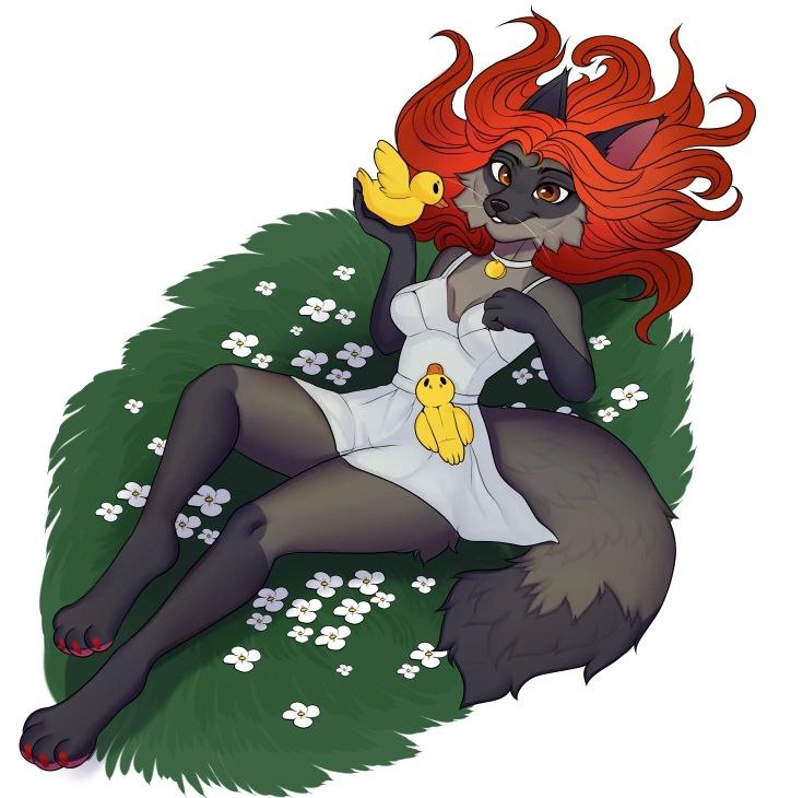 anthro brown_eyes canid canine claws clothing colored_nails dress female flower fox fur gekapu grass grey_body grey_fur hair holding_object jewelry laying_on_grass laying_on_ground looking_at_viewer lying mammal medallion nails necklace on_back orange_hair paws plant red_claws red_fox red_hair red_nail_polish red_nails silver_fox solo tykovka white_clothing white_dress