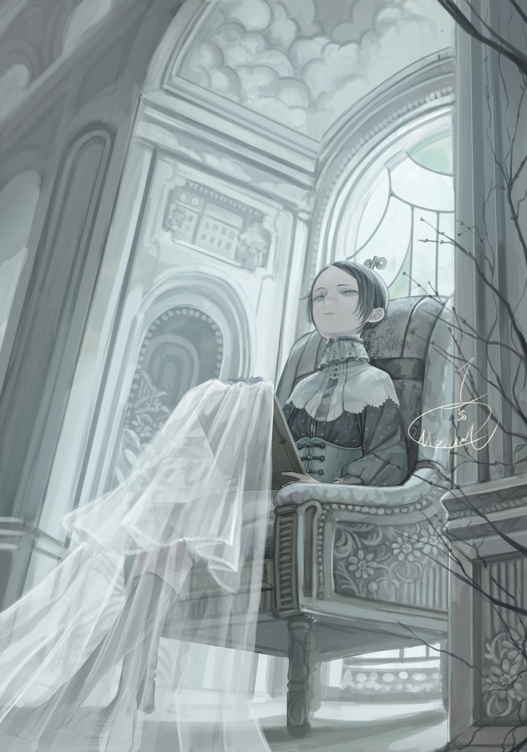 1girl arch black_hair black_socks chair clipboard grey_eyes grey_theme highres indoors kneehighs long_neck long_sleeves mizutame_tori original shadow short_hair sitting socks solo veil winding_key window