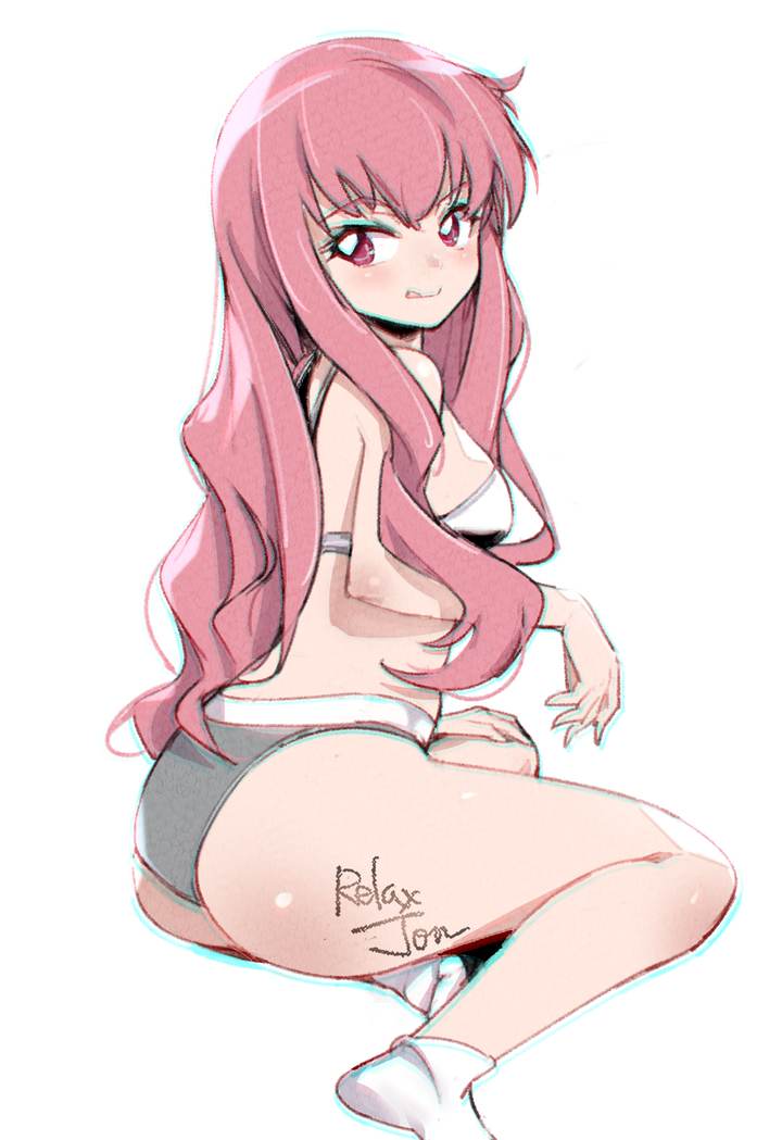 1girl ass bare_shoulders bra breasts closed_mouth commentary crossed_legs english_commentary grey_panties long_hair looking_at_viewer looking_back louise_francoise_le_blanc_de_la_valliere panties pink_eyes pink_hair relaxjon signature simple_background sitting small_breasts smile socks solo tongue tongue_out underwear white_background white_bra white_socks zero_no_tsukaima