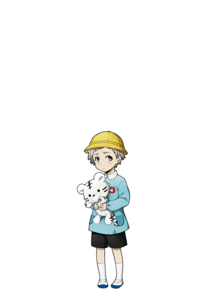 1boy aged_down bad_source black_shorts bungou_stray_dogs full_body hat holding holding_stuffed_toy long_sleeves male_child male_focus nakajima_atsushi_(bungou_stray_dogs) official_art shoes shorts socks stuffed_animal stuffed_tiger stuffed_toy transparent_background white_socks yellow_eyes