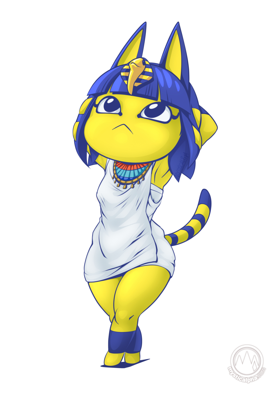 2023 animal_crossing ankha_(animal_crossing) anthro bangs blue_ears blue_eyes blue_hair blue_markings clothing digital_media_(artwork) domestic_cat dress egyptian felid feline felis female hair hands_behind_head hi_res makeup mammal markings mysticalpha nintendo short_hair solo stands striped_markings striped_tail stripes tail tail_markings thick_thighs walking yellow_body yellow_inner_ear yellow_skin