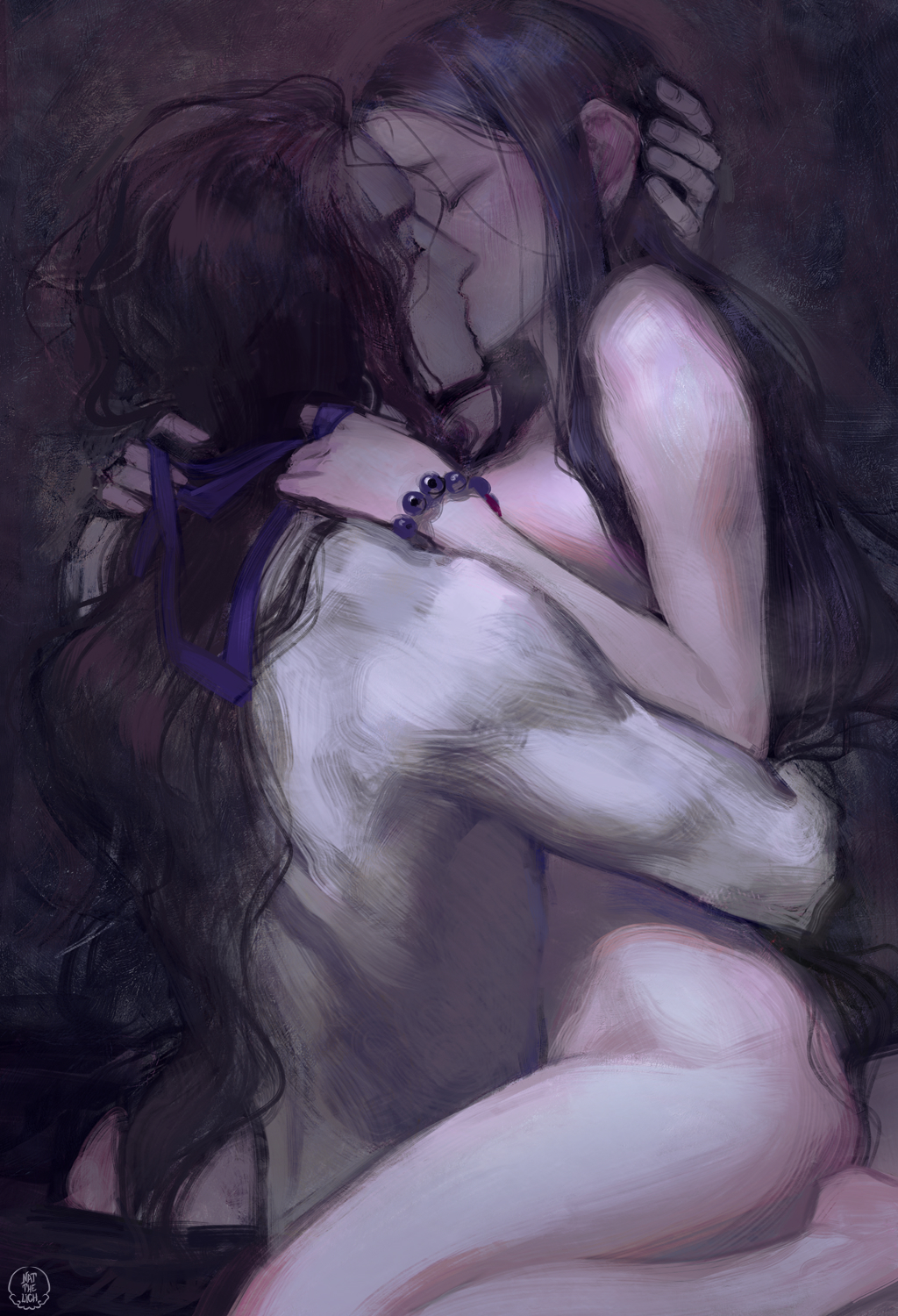 1boy 1girl black_hair bracelet breasts brown_hair closed_eyes commentary completely_nude couple english_commentary french_kiss hand_on_another's_head hetero highres hug implied_sex jewelry kiss large_breasts long_hair muscular muscular_male nat_the_lich nude original pale_skin pandora_acherona_(nat_the_lich) pearl_bracelet renard_beauchene_(nat_the_lich) sideboob straddling upright_straddle very_long_hair waist_hug