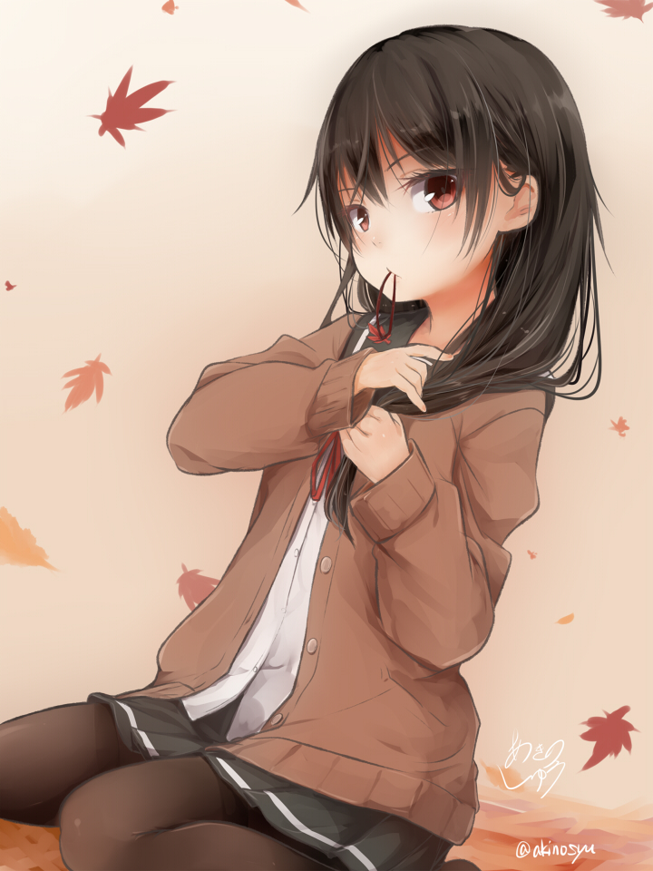 1girl akino_shuu autumn_leaves black_hair black_sailor_collar black_skirt brown_cardigan brown_pantyhose cardigan commentary_request hair_between_eyes iroha_kaede leaf long_hair long_sleeves looking_at_viewer maple_leaf open_cardigan open_clothes original pantyhose pleated_skirt puffy_long_sleeves puffy_sleeves red_eyes sailor_collar shirt signature sitting skirt sleeves_past_wrists solo twitter_username tying_hair wariza white_shirt