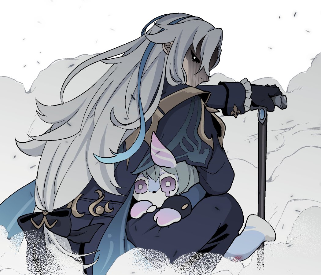 1boy 1girl black_bow black_gloves black_sclera blue_coat blue_hair blue_pants bow cane coat colored_sclera covered_mouth crying crying_with_eyes_open feet_out_of_frame frilled_sleeves frills genshin_impact gloves hair_between_eyes hair_bow holding holding_cane hug itou_(mogura) long_hair long_sleeves looking_at_viewer looking_back low-tied_long_hair melusine_(genshin_impact) monster_girl multicolored_hair neuvillette_(genshin_impact) on_one_knee pants profile protecting scratches shaded_face sleeve_cuffs smoke streaked_hair tears white_background white_hair