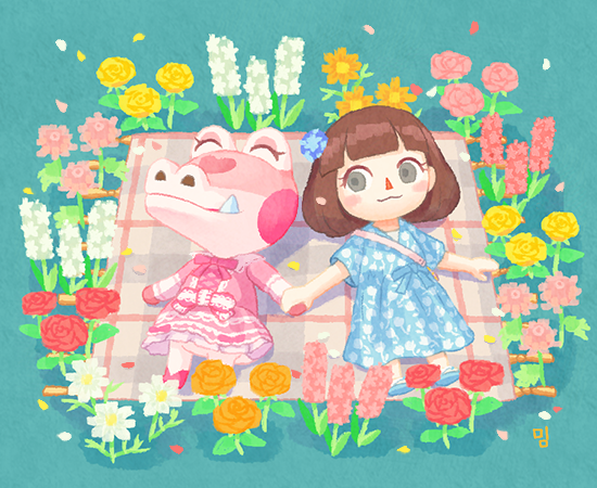2girls :3 ^_^ animal_crossing aqua_background blanket blue_dress blue_flower blue_footwear blue_ribbon blunt_bangs blush blush_stickers bow bowtie brown_eyes brown_hair closed_eyes closed_mouth commentary_request cross-laced_clothes dress eyelashes fang fang_out floral_print flower gayle_(animal_crossing) hair_flower hair_ornament heart holding_hands hyacinth long_sleeves lying moai_(aoh) multiple_girls on_back orange_flower orange_rose petals pink_bow pink_bowtie pink_dress pink_flower print_dress red_flower red_rose ribbon rose sandals short_hair short_sleeves simple_background smile villager_(animal_crossing) white_flower yellow_flower yellow_rose