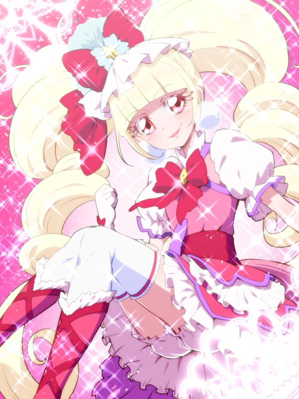 aisaki_emiru blonde_hair boots bow bowtie cure_macherie curly_hair dress frilled_dress frills gloves hugtto!_precure long_hair magical_girl precure red_eyes smile sparkle thighhighs tj-type1 twintails white_gloves white_thighhighs