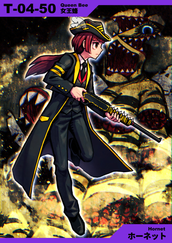 bee bee_wings black_coat black_footwear black_headwear black_jacket black_necktie black_pants blue_eyes bowler_hat brown_eyes bug closed_mouth coat collar collared_coat collared_jacket collared_shirt commentary_request dark_background denim e.g.o_(project_moon) employee_(lobotomy_corporation) eyelashes from_side full_body gun half-closed_eyes hat holding holding_gun holding_weapon jacket jeans light_frown lobotomy_corporation long_hair long_sleeves low_ponytail meimaru_inuchiyo necktie numbered open_mouth pants partial_commentary pollen project_moon queen_bee_(lobotomy_corporation) red_collar red_hair sharp_teeth shirt shoes shotgun teeth weapon white_shirt wing_hat_ornament yellow_collar yellow_trim