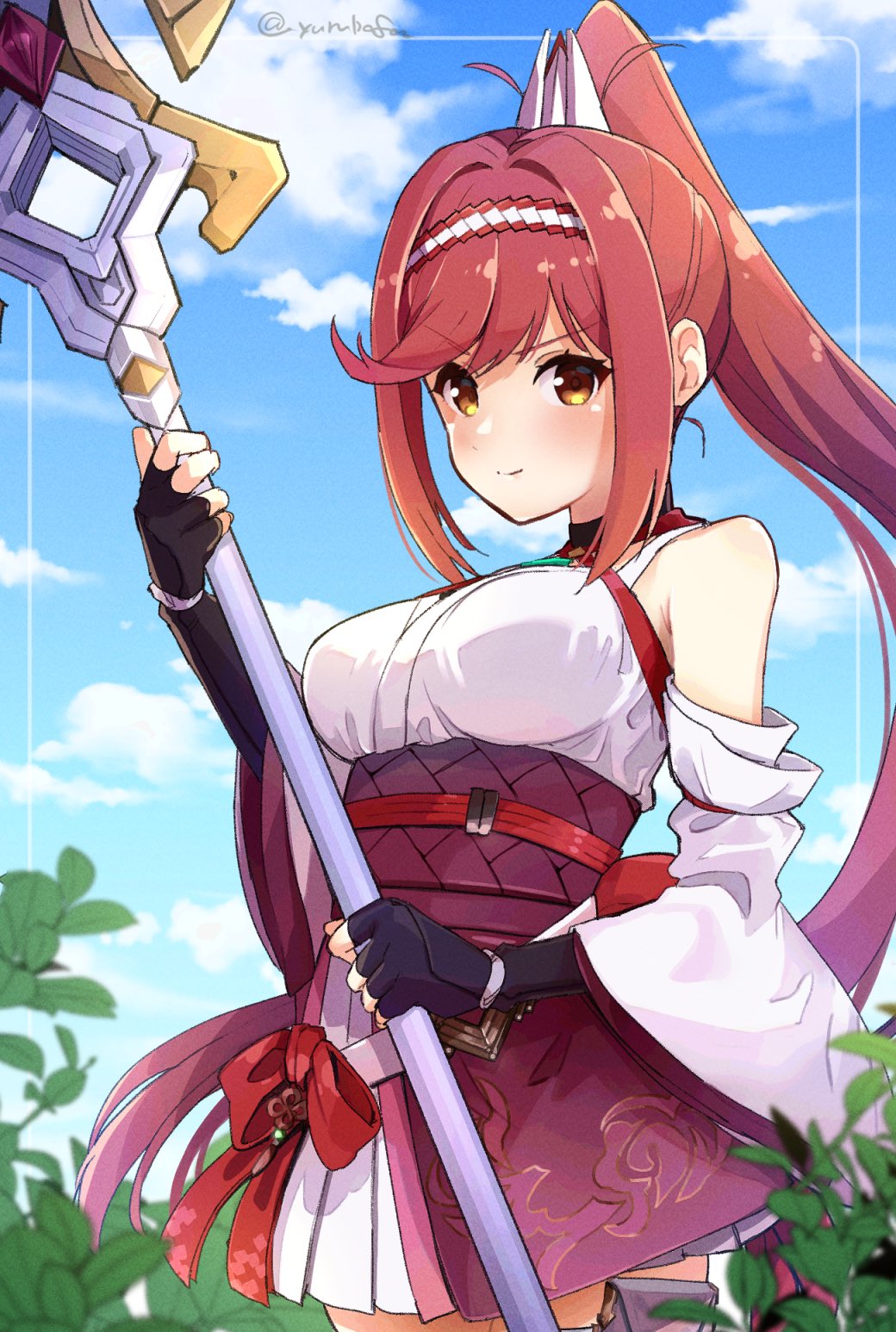 1girl bafarin bare_shoulders black_gloves bow breasts chest_jewel closed_mouth detached_sleeves fingerless_gloves glimmer_(xenoblade) gloves gradient_hair hairband halterneck high_ponytail highres holding holding_staff holding_weapon japanese_clothes kimono long_hair looking_at_viewer multicolored_hair obi pink_kimono ponytail purple_hair red_bow red_hair sash short_kimono sidelocks solo staff swept_bangs very_long_hair weapon white_kimono white_sleeves wide_sleeves xenoblade_chronicles_(series) xenoblade_chronicles_3 xenoblade_chronicles_3:_future_redeemed yellow_eyes
