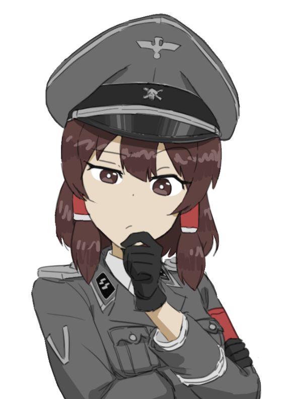 1girl armband black_cat03 black_gloves brown_eyes brown_hair gloves grey_headwear grey_jacket hair_tubes hakurei_reimu hand_up hat jacket looking_at_viewer medium_hair military_jacket nazi peaked_cap red_armband simple_background solo ss_insignia ss_uniform totenkopf touhou waffen-ss white_background