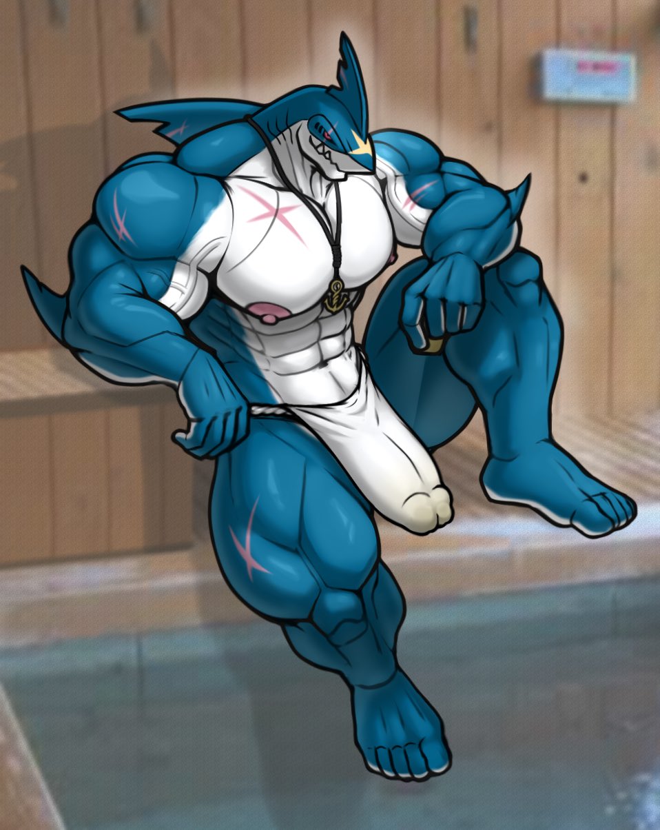 abs anthro arm_fins arm_on_knee biceps big_bulge big_muscles blue_body bulge clothing fin fingers fish genital_outline hi_res inside jewelry male marine muscular muscular_male muscular_thighs navel necklace nipples pecs penis_outline red_eyes sauna scar shark sitting solard0gg0 solo teeth underwear vein white_body