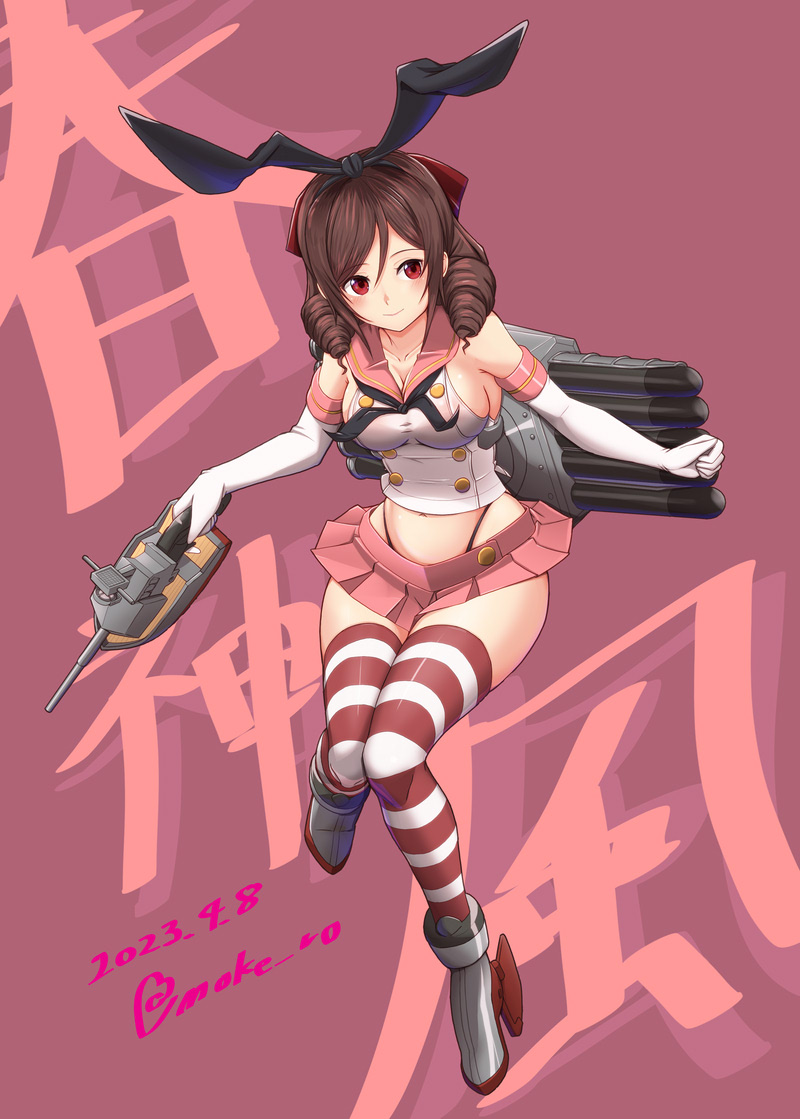 1girl adapted_turret black_hairband black_neckerchief black_panties bow breasts brown_hair cannon cosplay drill_hair elbow_gloves gloves hair_bow hairband harukaze_(kancolle) highleg highleg_panties kantai_collection medium_breasts microskirt moke_ro neckerchief panties pink_sailor_collar pink_skirt pleated_skirt red_bow red_eyes rigging sailor_collar shimakaze_(kancolle) shimakaze_(kancolle)_(cosplay) skirt smile solo striped striped_thighhighs thighhighs thong torpedo torpedo_launcher twin_drills underwear white_gloves