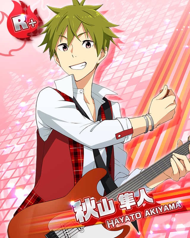 1boy akiyama_hayato black_necktie bracelet card_(medium) collared_shirt electric_guitar fingernails green_hair guitar hair_between_eyes holding holding_instrument holding_plectrum idolmaster idolmaster_side-m instrument jewelry looking_at_viewer male_focus necktie official_art pink_background plectrum shirt solo teeth