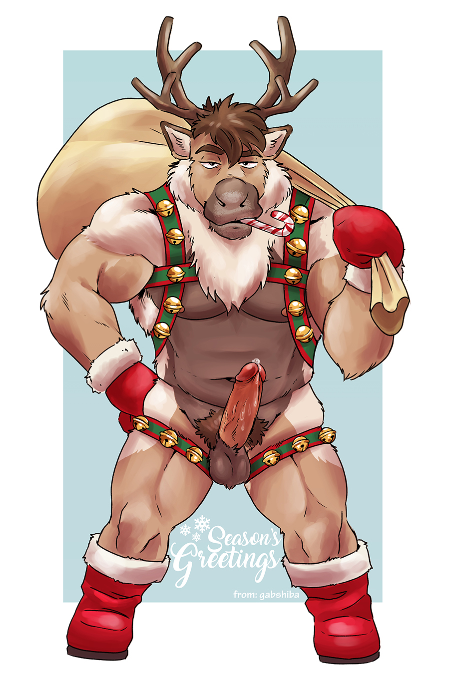 anthro antlers balls bell bell_harness biceps bodily_fluids boots brown_hair candy candy_cane christmas clothing deer dessert dripping erection facial_hair food footwear gabshiba genital_fluids genitals gloves hair handwear harness hi_res holidays horn jingle_bell jingle_bell_harness legwear looking_at_viewer male mammal manly muscular muscular_anthro muscular_male muscular_thighs navel new_world_deer nipples nude pecs penis precum precum_drip pubes reindeer sack sideburns solo speech_bubble standing stockings text triceps vein veiny_penis