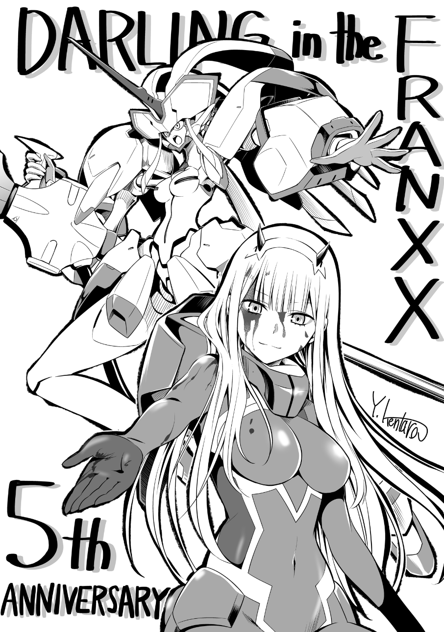 1girl anniversary artist_name blood blood_on_clothes blood_on_face bodysuit character_request commentary_request copyright_name darling_in_the_franxx english_text greyscale happy highres looking_at_viewer mecha_musume monochrome official_art open_mouth signature smile standing yabuki_kentarou zero_two_(darling_in_the_franxx)